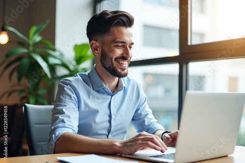 Smiling Man in Blue Shirt Working on Laptop at Modern Office Desk with Indoor Plants and Natural Light photo