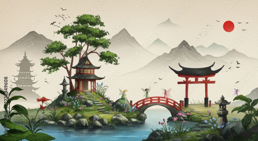 Obraz premium Serene Asian landscape with pagodas, bridges, and fairies in harmony