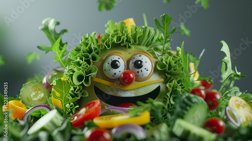 A fresh salad with a variety of ingredients. animated character, C4D model rendering, cheerful smile, 3D rendering
