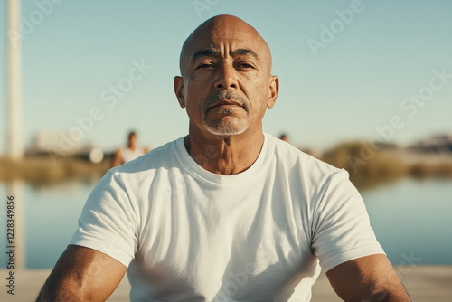 Mature Man in White T-shirt Outdoor Portrait  photo