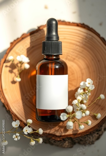 Wallpaper Mural Amber glass dropper bottle, blank white label, rustic wooden slice, delicate white flowers, soft focus, warm tones, natural light, aromatherapy, essential oil Torontodigital.ca