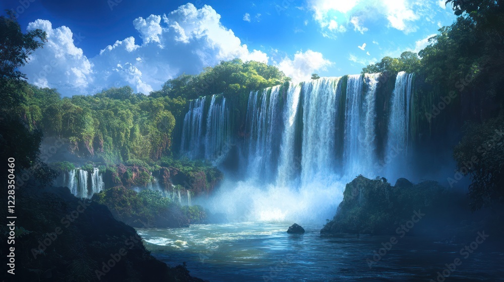 Naklejka premium Lush rainforest waterfall, vibrant blue sky, calm pool, travel brochure