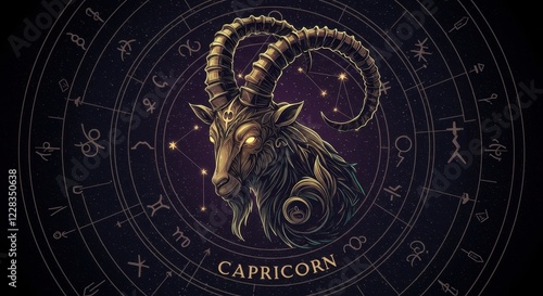 Capricorn Zodiac Sign Illustration with Astrological Symbols and Stars