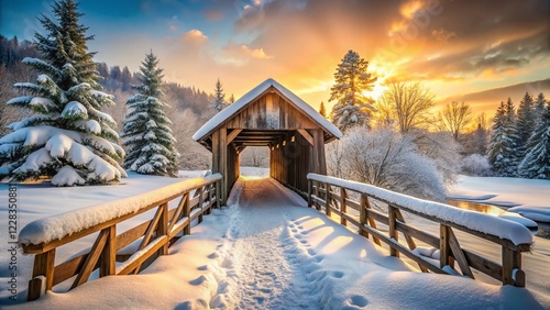Wallpaper Mural Snowy Bridge Winter Wonderland Scene: Rustic Wooden Posts, Icy Landscape Torontodigital.ca