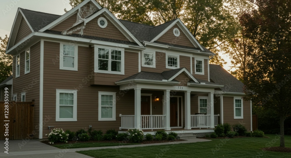 A refined home exterior featuring brown siding, white trim, and a blend of classic design elements. A refined home exterior featuring brown siding, white trim, and a blend of classic design elements.