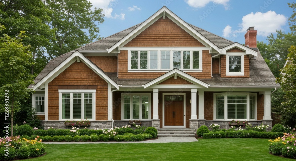 A beautifully designed home featuring brown siding and white accents, with timeless appeal. A beautifully designed home featuring brown siding and white accents, with timeless appeal.