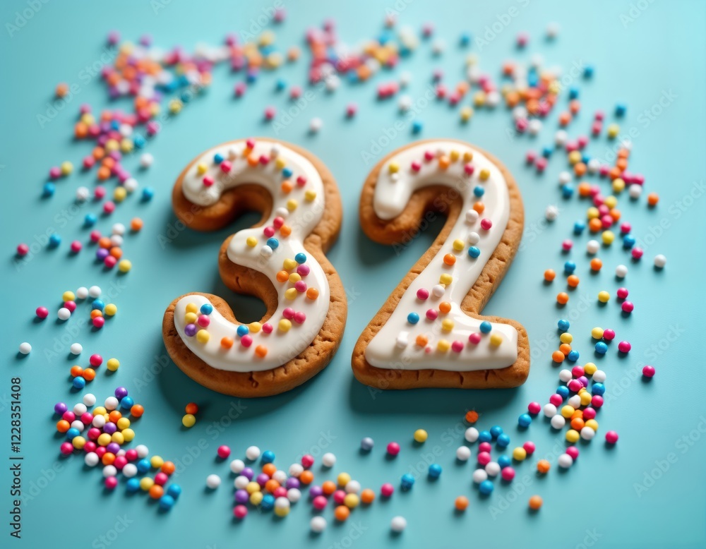 Festive decorated cookie number 32 for birthday anniversary celebration. Colorful sprinkles decorate sweet treat. Cheerful, tasty dessert for special event. Image suitable for bakery, party supplies, Festive decorated cookie number 32 for birthday anniversary celebration. Colorful sprinkles decorate sweet treat. Cheerful, tasty dessert for special event. Image suitable for bakery, party supplies,