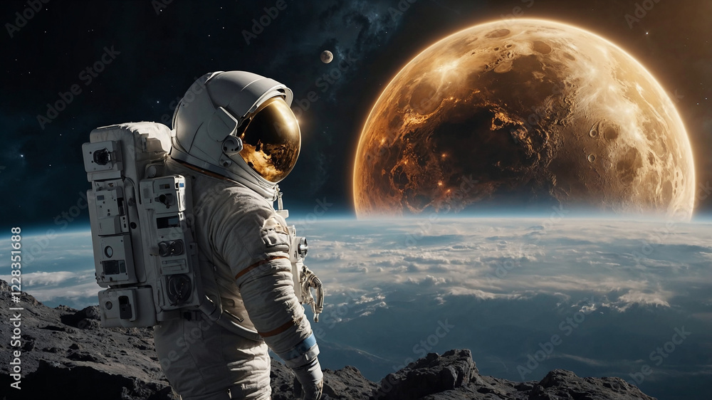Fototapeta premium Astronaut exploring an extraterrestrial landscape