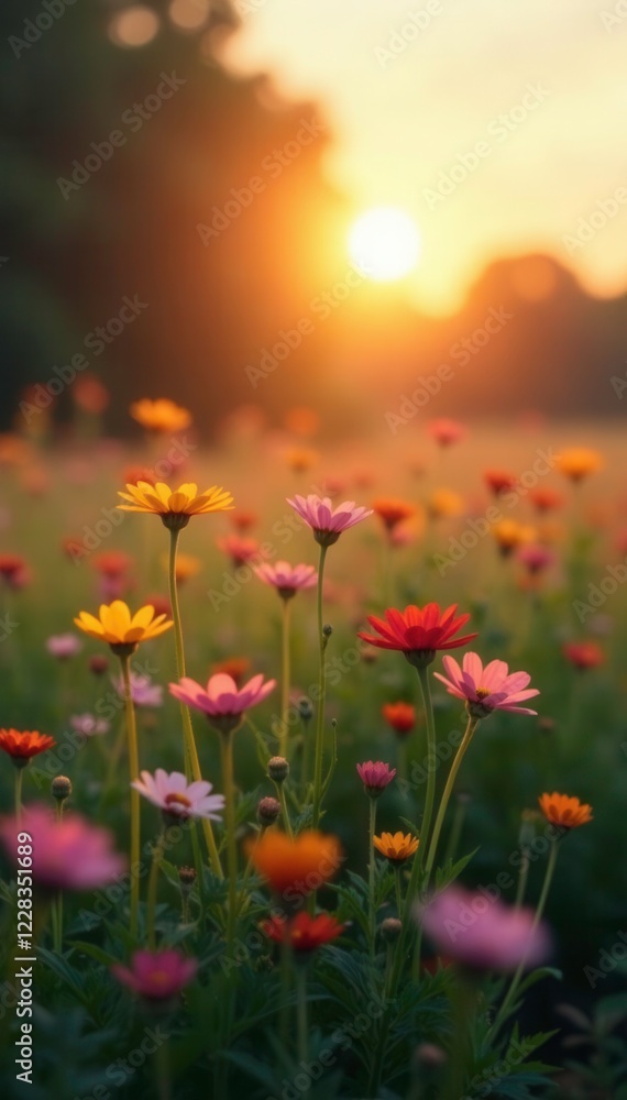 Softly lit wildflowers in a peaceful meadow at sunset, softly lit, wildflowers Softly lit wildflowers in a peaceful meadow at sunset, softly lit, wildflowers