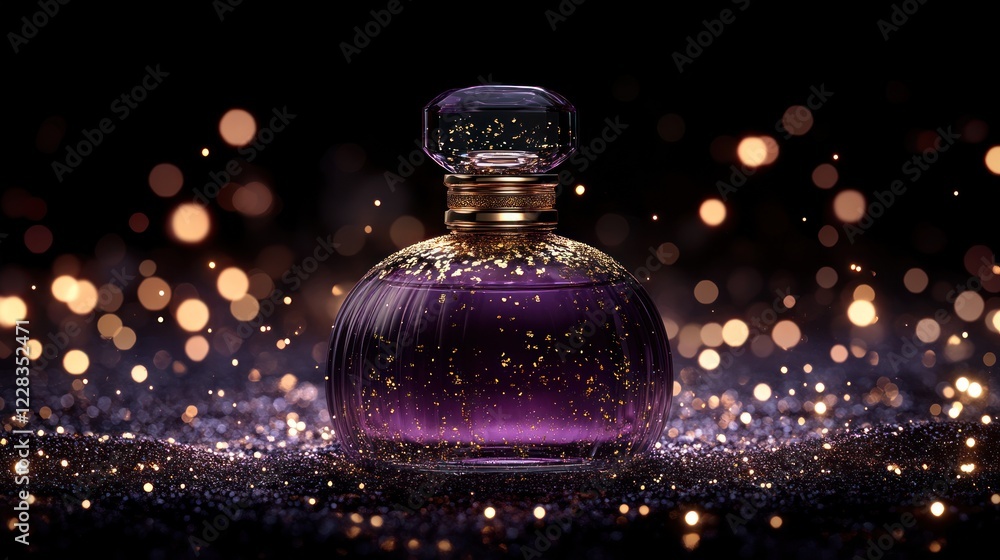 Purple perfume bottle, glitter, bokeh, dark background, advertisement