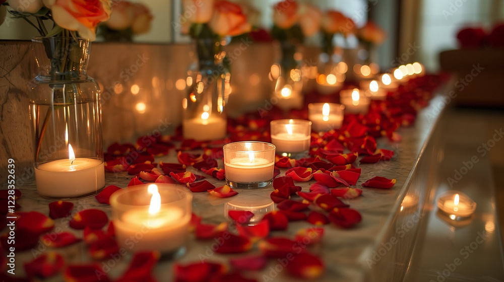 Romantic candlelit setting with rose petals Romantic candlelit setting with rose petals