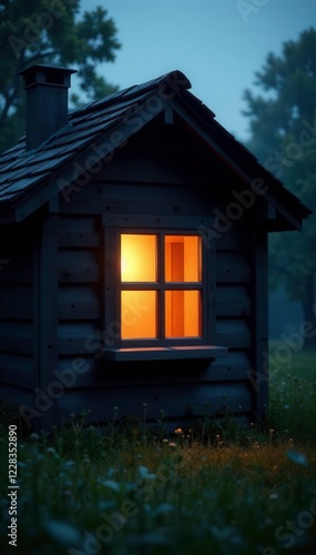 Softly lit window in a small wooden cottage at twilight  wooden  glow 
