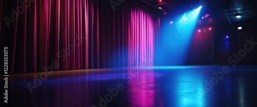 Wallpaper Mural Empty stage, pink curtains, blue light, concert venue, event background Torontodigital.ca