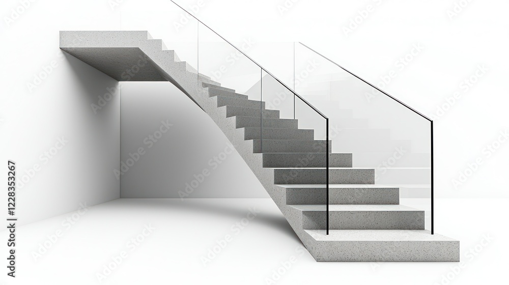 Concrete stairs with glass railing in white room, ascending to empty space Concrete stairs with glass railing in white room, ascending to empty space