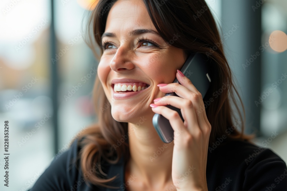 A Joyful Woman Engaged in Conversation on a Mobile Phone in a Bright Cafe, Radiating Positivity and Warmth A Joyful Woman Engaged in Conversation on a Mobile Phone in a Bright Cafe, Radiating Positivity and Warmth
