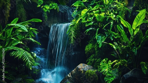 Lush Tropical Waterfall, Tranquil Garden Oasis