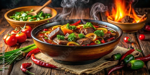 Spicy Malatang Bowl with Beef & Vegetables - Night Photography Stock Photo photo