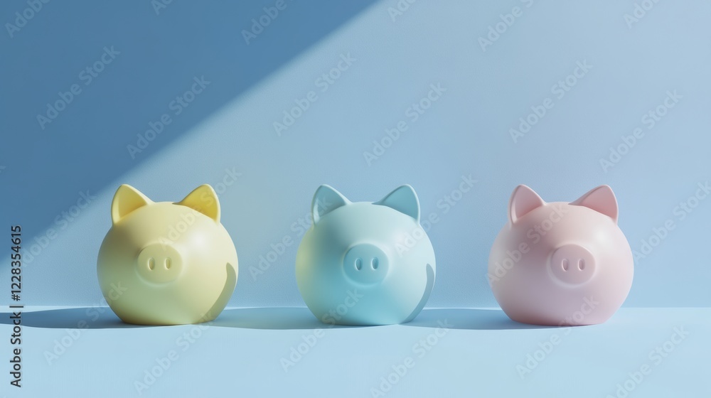 Financial literacy is highlighted through a close-up product photography of colorful saving money piggy banks in a bright home office Financial literacy is highlighted through a close-up product photography of colorful saving money piggy banks in a bright home office