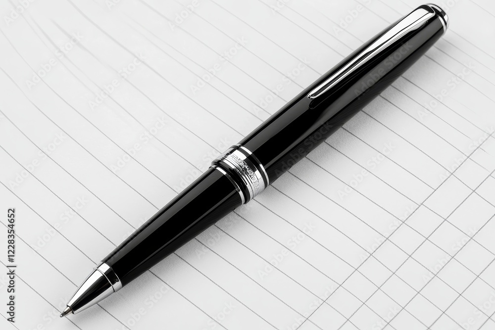 Close-up view of a black pen placed on a gridded notepad Close-up view of a black pen placed on a gridded notepad