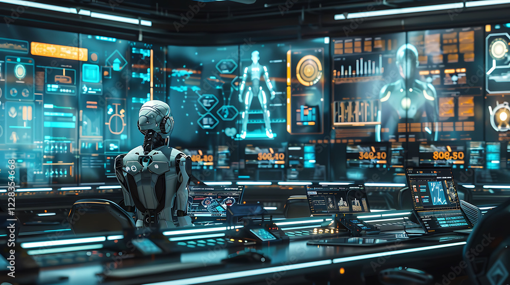 An advanced AI control room with holographic displays and robotic assistants. An advanced AI control room with holographic displays and robotic assistants.
