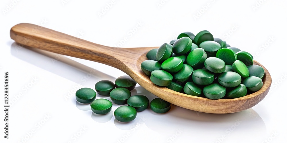 Spirulina & Chlorella Tablets in Wooden Spoon - Top View, White Background Spirulina & Chlorella Tablets in Wooden Spoon - Top View, White Background