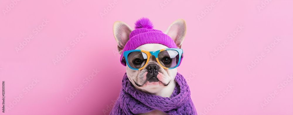 Fototapeta premium Trendy French Bulldog wearing colorful sunglasses and purple knit hat. Stylish pet portrait isolated on pink backdrop with copy space.