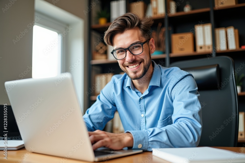 Smiling Young Professional Sitting at a Computer in a Modern Office Setting, Engaged in Work with Bookshelves in the Background, Reflecting Productivity and Confidence Smiling Young Professional Sitting at a Computer in a Modern Office Setting, Engaged in Work with Bookshelves in the Background, Reflecting Productivity and Confidence