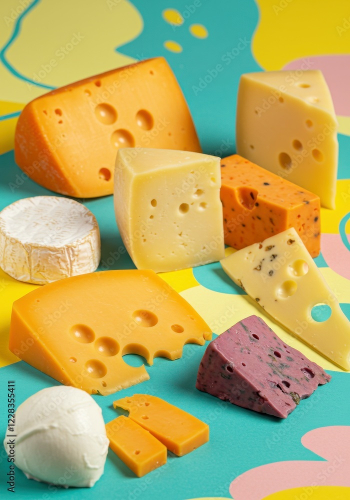 A playful and vibrant cheese display with a whimsical background, bringing food art to life. A playful and vibrant cheese display with a whimsical background, bringing food art to life.