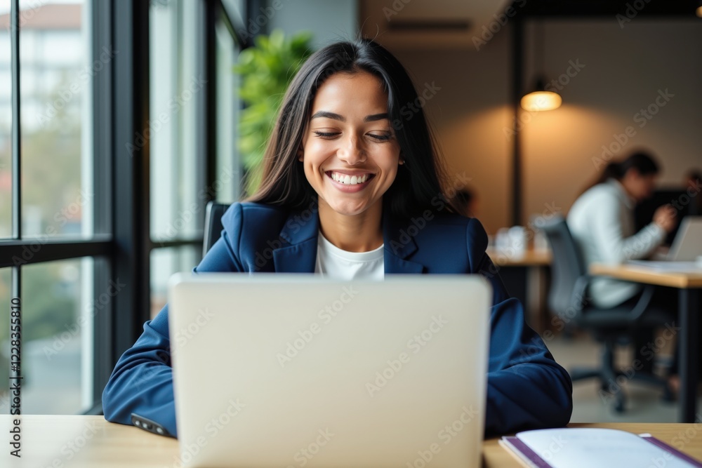 Smiling Woman Working on Laptop in Modern Office Setting, Engaged in Professional Tasks Amid Colleagues, Emphasizing Productivity and Positive Atmosphere Smiling Woman Working on Laptop in Modern Office Setting, Engaged in Professional Tasks Amid Colleagues, Emphasizing Productivity and Positive Atmosphere