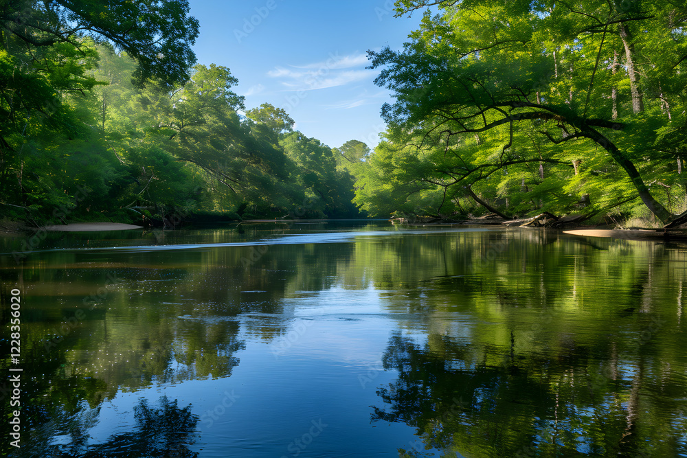 Fototapeta premium Tranquil River Amidst Lush Forests Reflecting Sky: A Serene Natural Landscape of Pure Wilderness