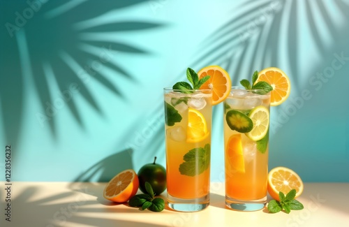 Two refreshing summer mojito cocktails on light beige, blue background. Orange, lime slices, mint leaves. Sunny shadows fall on background. Drinks garnished with mint leaves. Great for summer day photo