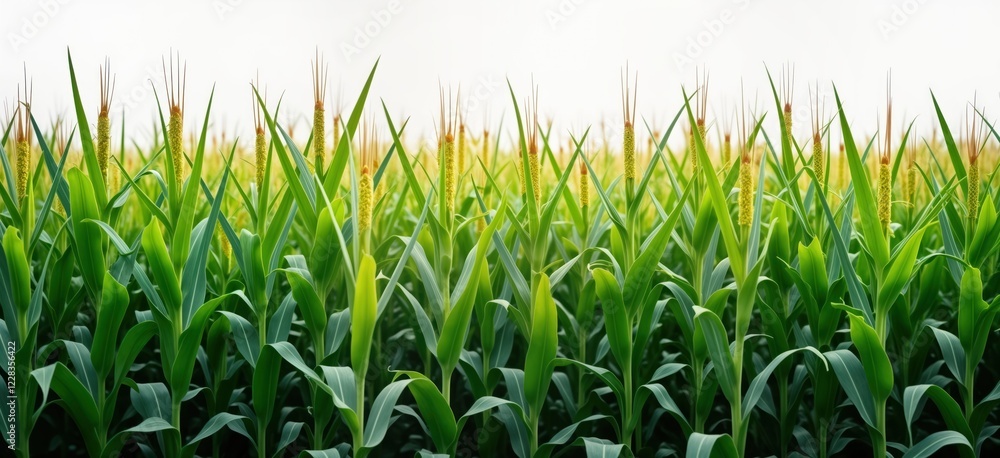 Fototapeta premium Green cornfield stretches out. Corn plants stand tall, healthy. Abundant growth in rural area. Summer scene of natural agricultural land. Fresh, vibrant colors. Agricultural crop ready for harvest.