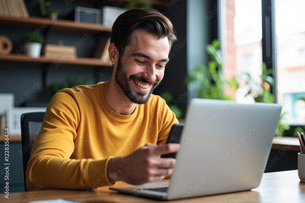 A Smiling Young Man Engaged in Remote Work at a Modern Home Office, Utilizing Technology via Smartphone and Laptop to Stay Connected A Smiling Young Man Engaged in Remote Work at a Modern Home Office, Utilizing Technology via Smartphone and Laptop to Stay Connected