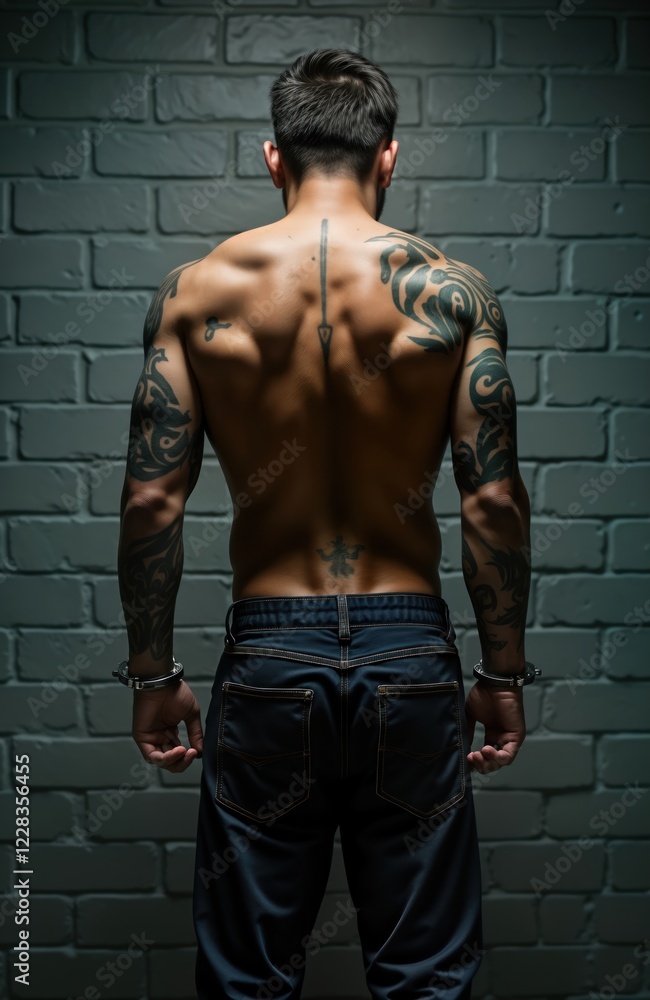 Fototapeta premium Muscular man with tattoos stands handcuffed against brick wall. Naked torso, significant arm tattoos. Dramatic prison style portrait. Potential themes include criminal justice system, incarceration,