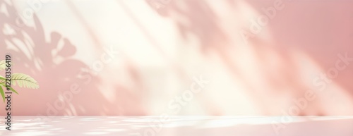Empty pastel pink studio background with leaf shadows. Soft light, shadows create delicate spring summer mood. Suitable for beauty products items. 3d mockup template for product placement. Ideal for