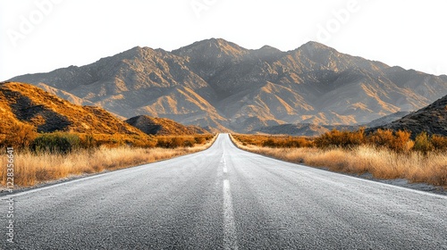 Desert highway towards mountains at sunset. Background hills, potential travel ad photo