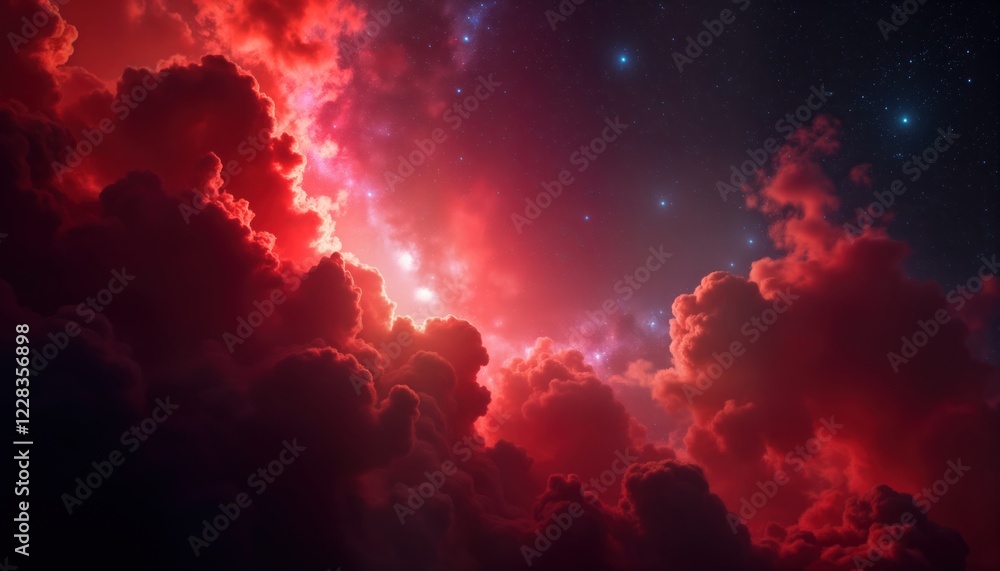 Obraz premium Red nebula clouds glow in deep space. Stars twinkle in dark. Cosmic clouds shimmer with vibrant colors. Huge expanse of space. Amazing view of cosmos. Alien landscape. Beautiful, enigmatic. Distant