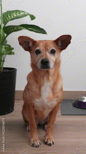 A small mixed-breed brown dog calmly sitting in a cozy home environment, facing the camera. Her ears and head move slightly, showing curiosity and attentiveness. Ideal for pet care or lifestyle campai