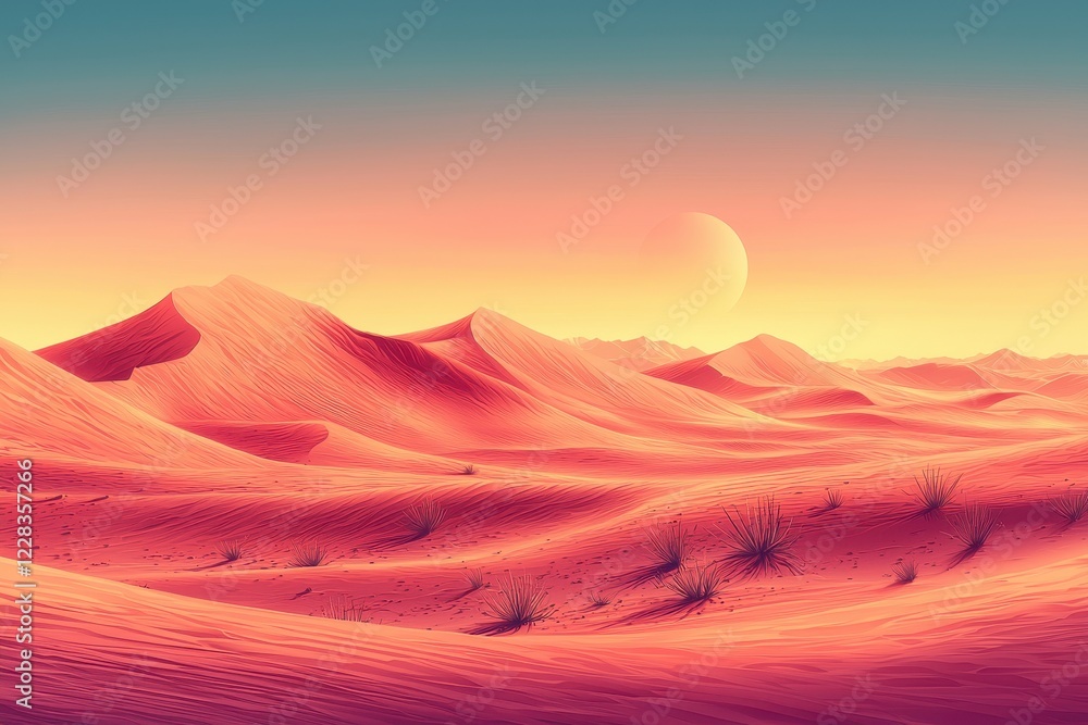 Naklejka premium A serene desert landscape at sunset with soft dunes and a warm color palette.