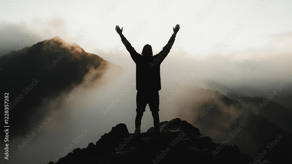 a person who worships the mountain with his hands raised high a person who worships the mountain with his hands raised high