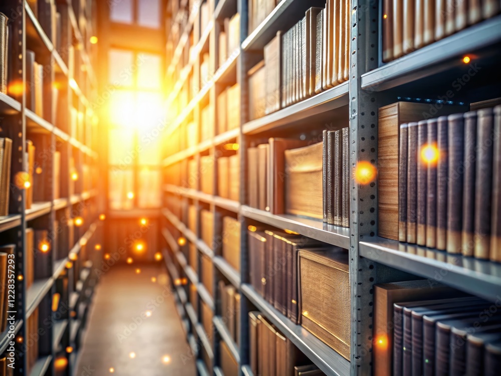 Stacks of Grey Books in Library with Bokeh Background - Stock Photo Stacks of Grey Books in Library with Bokeh Background - Stock Photo