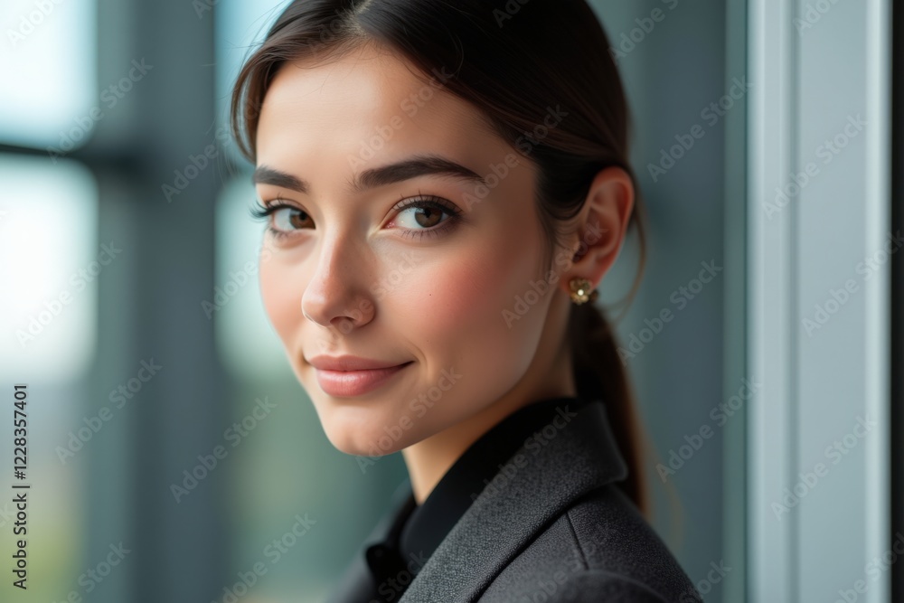 A Confident Young Businesswoman in Professional Attire Posing by a Modern Office Window with Soft Lighting and a Polished Appearance Reflecting Professional Success A Confident Young Businesswoman in Professional Attire Posing by a Modern Office Window with Soft Lighting and a Polished Appearance Reflecting Professional Success