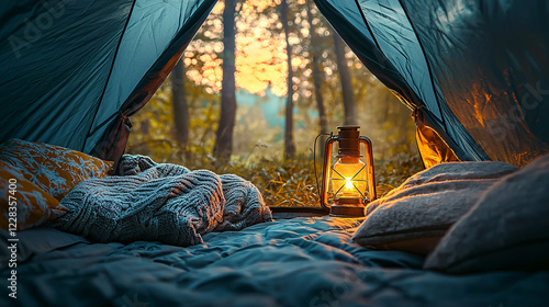 A tent filled with soft blankets and pillows, illuminated by the warm glow of a lantern, perfect for a peaceful night outdoors. photo