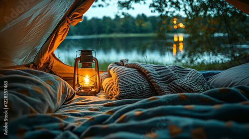 A tent filled with soft blankets and pillows, illuminated by the warm glow of a lantern, perfect for a peaceful night outdoors. photo