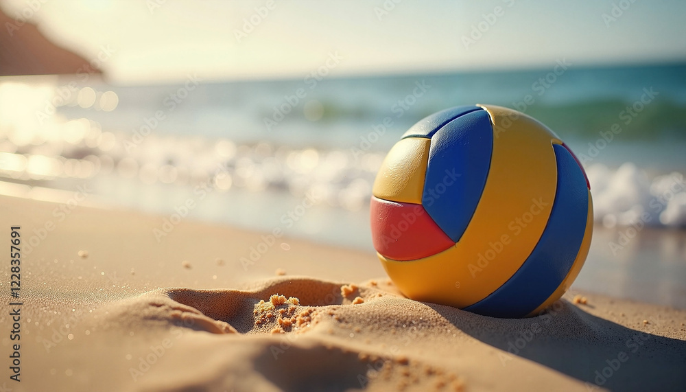 Obraz premium Colorful volleyball on sandy beach with ocean waves in background