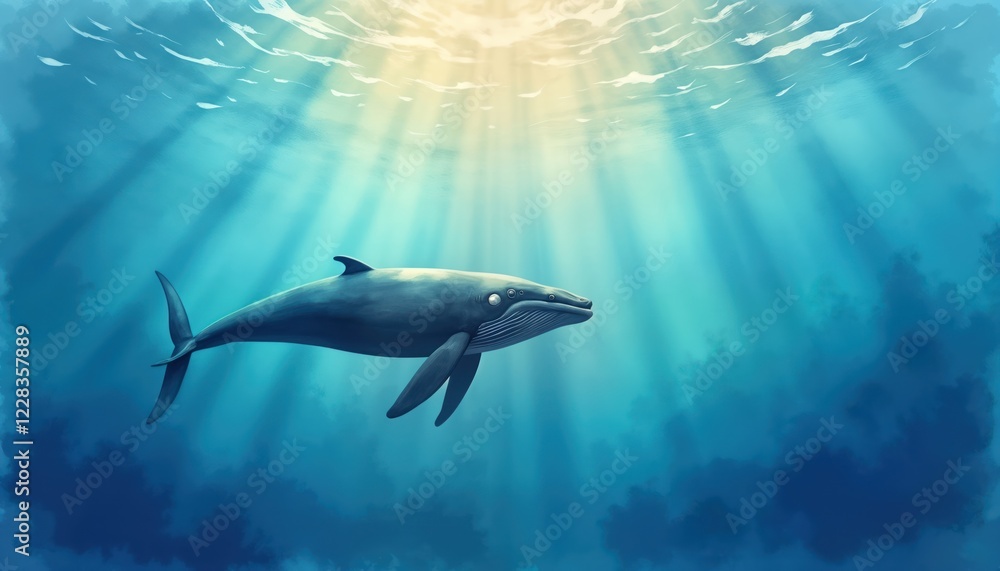 Obraz premium Peaceful underwater scene features large whale gracefully diving deep into ocean depths. Sunlight streams down from surface creating beautiful light show. Deep blue water, sunlight provide serene