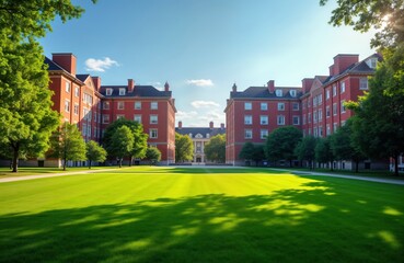 Picturesque university campus with red brick buildings. Green lawns, tall trees. Sunlight casts shadows across grass. Tranquil, inviting atmosphere. Ideal for college university background imagery,