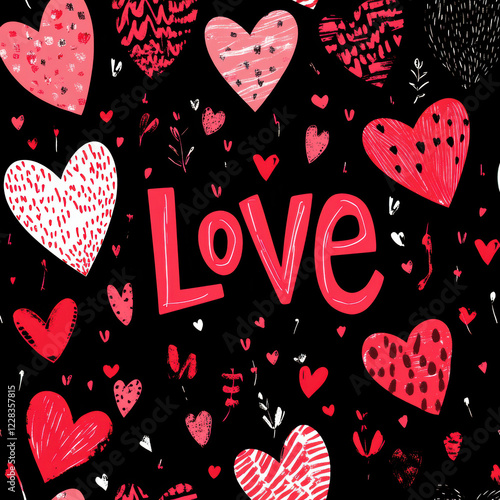 Valentine’s Day greeting card with text and hearts.