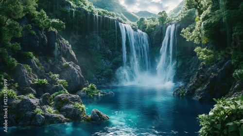 Lush Waterfall Cascade in Mountain Valley