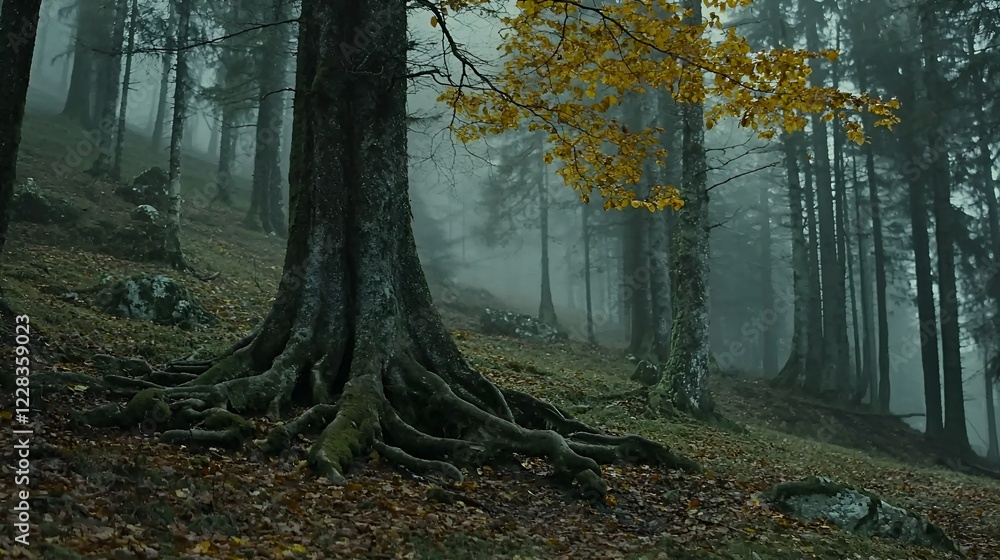 Obraz premium Misty autumn forest, hill, exposed roots, background trees, nature wallpaper